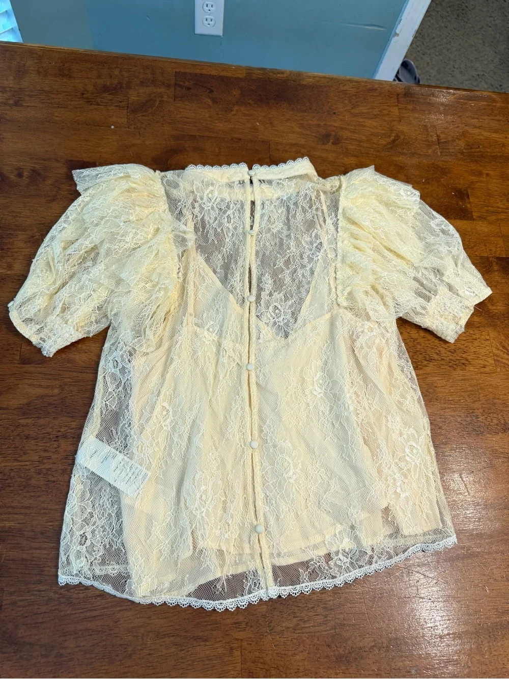 Free People Secret Admirer Lace Blouse Eggnog Mock Neck Puff Boho Victorian Sm